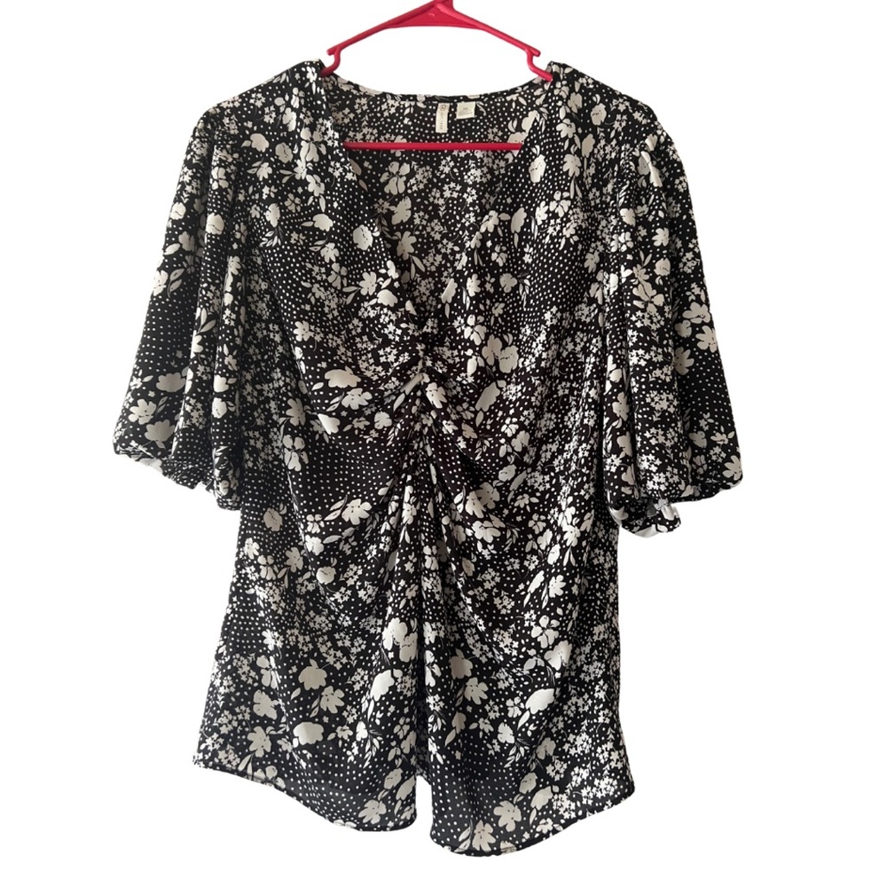 Cato Women’s Black & White Floral Print Puff Sleeve Blouse
